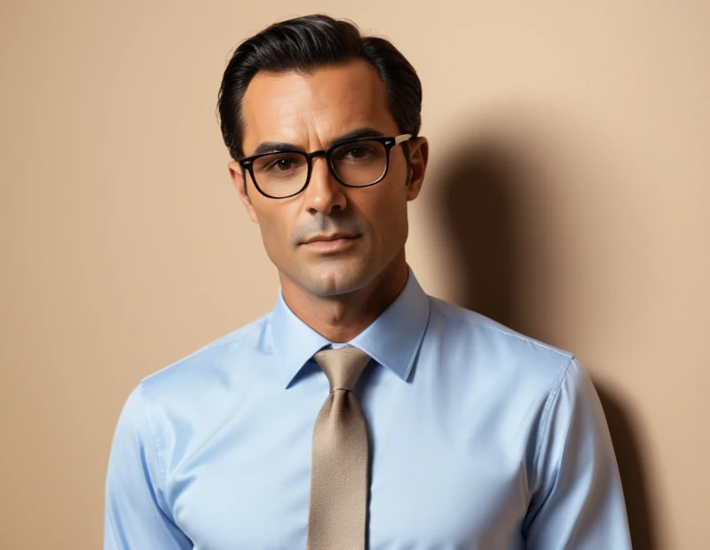 Doctor Fénix, el asistente virtual de Óptica Fénix, con gafas de montura oscura y camisa azul
